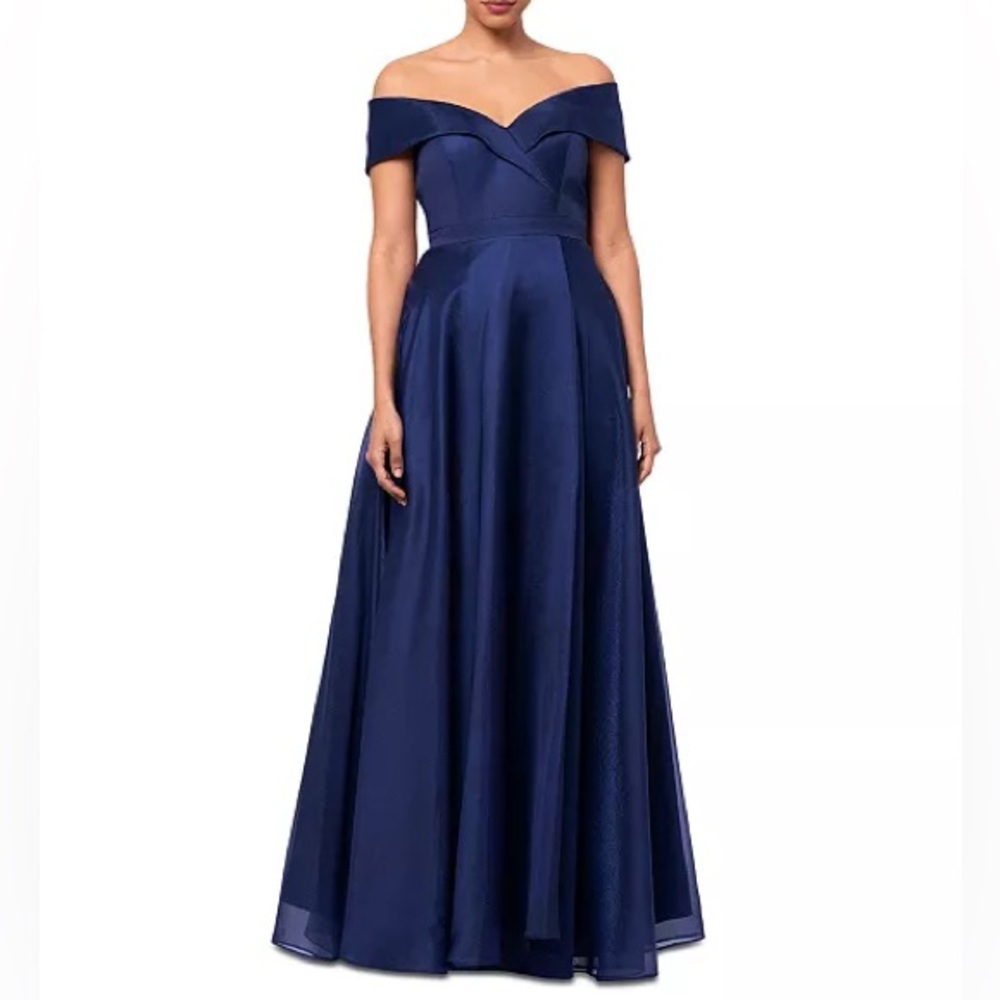 NWT Xscape Blue Organza Off the Shoulder Gown Size 4